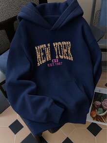 1 Pieza Sudadera Hoodie casual, básica, deportiva y cómoda con forro térmico para ser calida con Capucha y bolsillo de canguro de hombros caídos con cordón ajustable lisa unicolor en varios colores solidos cómoda para salir con los amigos o estar en casa esta navidad, época de frio, otoño o primavera - Azul Marino - Ver 1