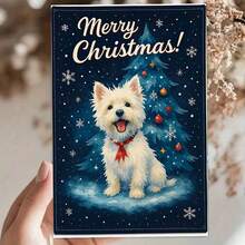 1 pièce Carte de vœux de Noël Westie - Un chien Westie avec un sapin de Noël, des flocons de neige et un nœud rouge sur un fond bleu marine d'hiver enneigé - Cadeau de vacances pour les amateurs d'animaux de compagnie - Conception mignonne de West Highland Terrier blanc - Parfait pour les propriétaires de Westie - Carte de vœux festive pour les amis et la famille - Illustration thématique de la saison hivernale confortable - Cadeau de Noël idéal pour les amateurs de chiens, également adapté comme carte de Noël amusante ou carte postale
