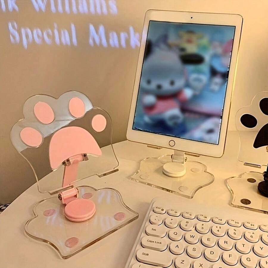 可爱猫爪亚克力平板电脑支架，360°旋转可调节便携可折叠桌面配件，通用平板电脑和智能手机支架，耐用透明亚克力材质，带防滑垫，趣味宠物主题设计，适合家庭办公室使用，轻巧节省空间，稳固防滑，适用于4-13英寸设备