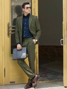 Bộ vest 2 món dành cho nam, áo khoác và quần, hàng khuy đơn, vải len, màu xanh ô liu, XS-XXXL - Màu xanh lá cây đậm - Xem 5