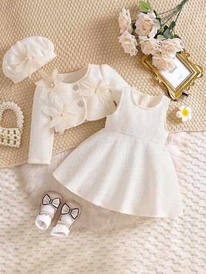 2 件女宝宝可爱纯色圆领 3D 珍珠花长袖开衫和圆领无袖 A 字连衣裙配贝雷帽，适合秋冬季外出