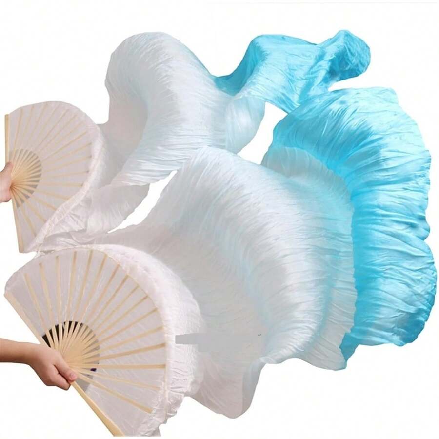 1 Pair(Left+Right) Belly Dance Fan Artificial Silk Fans,Colorful Dancing Fabric Fans,Long Folding Belly Dance Fans Dancing,Length 180cm Width 90cm - White Gradient Blue - 查看 1
