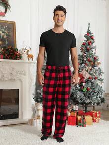 Mens Plush Pajama Pants Soft Flannel Fleece Pajama Lounge Sleep Pant Christmas Plaid Fuzzy Lounge Sleepwear Pj Bottomshalloween - Kẻ caro đen đỏ Buffalo - Xem 7