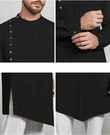 Mens Long Sleeve Robe Gown Casual Cotton Linen Button Muslim Shirt - 海軍 - 查看 10