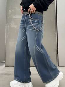 Vintage Men's Jeans, Versatile High-End Youthful Street Style Casual Washed Denim Unique Pocket Design Loose Straight Leg Pants, Suitable For All Seasons