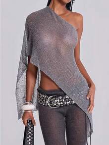 Women Sheer Knit Poncho Shrug Lightweight One Shoulder Pullover Top Asymmetrical Hem Cover Up Crochet Shawl - 銀色 - 查看 2