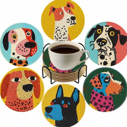 6pcs - Desktop Decoration - Rhinestone Puppy Coaster - 5D DIY Diamond Painting Coaster, Cute Pet Elements, Round Wooden Coaster With Cute Pet Elements - Home Decor, Non-Slip And Heat-Resistant Coaster, Suitable For Holiday Home Decorations And Gifts, Home & Kitchen > Food & Bar > Coasters, Suitable For Adults, Friends And Family, Suitable For Beginners DIY