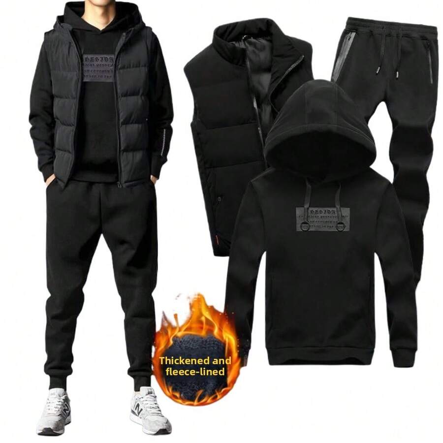 Men Outerwear Co Ords Stylish Winter Outfit Fleece Lined Thickened 3 Piece Set Full Outfit Sports Suit Mens Clothing Complete Set - màu đen - Xem 1