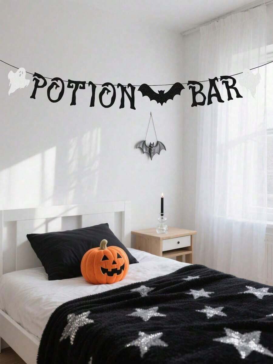 Halloween Decor Halloween New Black Glitter Potion Bar Halloween Banner, Bat Ghost Element Sign, Halloween Party Decorations Halloween Witches Haunted House Decoration Banner