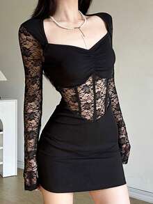 Top Dazzle Fashionable Square Neck Long Sleeve Mesh Patchwork Dress - Black - View 1