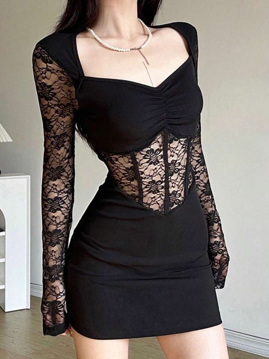 Top Dazzle Fashionable Square Neck Long Sleeve Mesh Patchwork Dress - Black - View 1