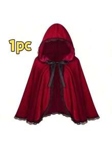 Red & Burgundy Halloween Velvet Cloak, Short Ruched Lace Trim Hooded Cape