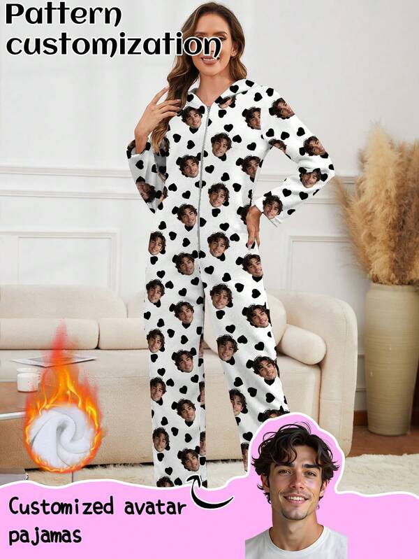 Customized Fleece Fluffy Jumpsuit, Personalized With Male/Female Portrait, Children, Pets, Cartoon, Holiday-Themed Interesting Graphics, Great Gift