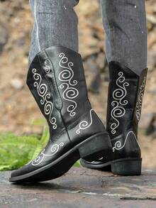 Botas vaqueras de media pantorrilla bordadas a mano para hombres, botas con relieve de nubes auspiciosas de estilo europeo y americano