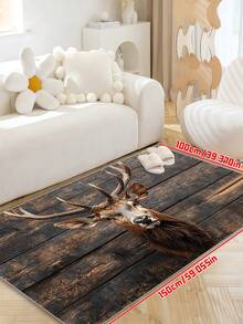 1 covor rustic cu cap de cerb, fabricat din poliester, fundal din lemn, preș de ușă în stil natural, lavabil la mașină, decor pentru casă și bucătărie, cadou excelent de Crăciun