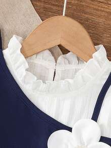 2pcs/Set Young Girl Fashion Casual 2 In 1 Contrast Color Long Sleeve Ruffle Tie Collar Floral Applique Top And Solid Color Elastic Waist Beaded Bell-Bottom Pants Set, Suitable For Daily, Home, Outdoor Wear, Spring/Autumn - Blue and White - View 5