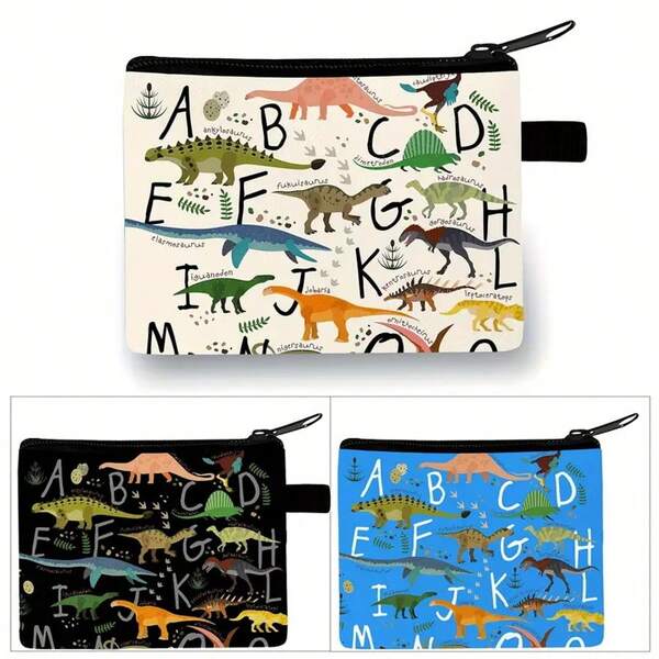 Monedero con estampado de dinosaurio y letra, billetera portátil adecuada para uso diario con cierre de cremallera, estilo unisex, opción de regalo ideal para mujeres, billetera de dinero, billetera mini, monedero, billetera de viaje