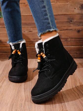 冬季纯色鞋，女士圆头防寒雪地靴，大码保暖中筒靴，串珠时尚百搭靴，女靴