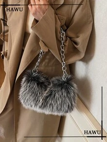 Solid Color Plush Soft Candy Chain Crossbody Bag, Y2K Style Women's Shoulder Bag Cute Pendant Clutch Bag Party Dress Accessory Random Pattern Plush Wallet Halloween Wallet Perfect For Various Parties, Halloween Fashion And Gothic Fashion - Grey - View 7