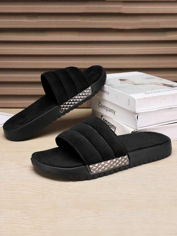 2025 Spring & Summer Men Plus Size Slippers, Non-Slip Soft Bottom Couple Slippers, Indoor Outdoor Casual Thick Sole Fashion Unisex Sandals, Comfortable EVA Plush Black Slippers