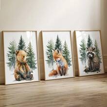 3 buc/set poster pe pânză cu animale din pădure pentru camera copiilor, decor de perete pentru camera copiilor, cadou pentru petrecerea de baby shower, artă pentru camera copiilor, animale din pădure, animale în acuarelă, urs, vulpe, raton, potrivit pentru decorul casei, decorul camerei, decorul dormitorului, decorul camerei de zi, decorul băii, decorul de perete, artă de perete opțională cu ramă