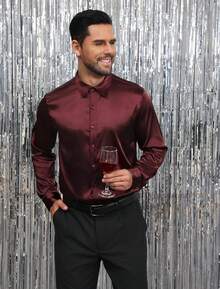 Mens Silk Satin Shirts Long Sleeve Button Down Loose Fit Dress Shirt Luxury Party Prom Wedding Shirtshalloween - 酒紅色 - 查看 7
