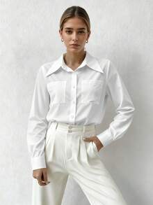 白色长袖纽扣衬衫，优雅休闲日常办公上衣，女士 - 白色 - 查看 9