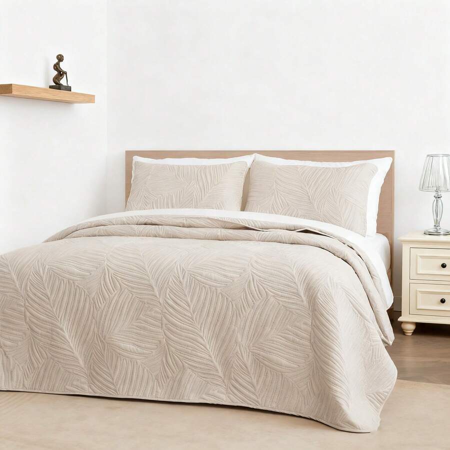 King Size Quilt Set Coin And Leaf Quilt Cover Set 2/3pcs (1 Quilt Cover + 1/2 Pillowcase), Leaf Branch Pattern Design, Simple Green And Fresh, Four Seasons Bedroom Bedding Quilt Cover Set, Home Decoration - 卡其色 - 查看 1
