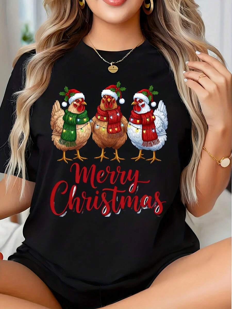 Christmas Chickens Holiday Sweater For Women, Festive Christmas Chicken Print Top, Merry Christmas Graphic Shirt, Seasonal Xmas Outfit For Family And Friends, Fun Christmas Party Shirt, 220g - 黑色 - 查看 1