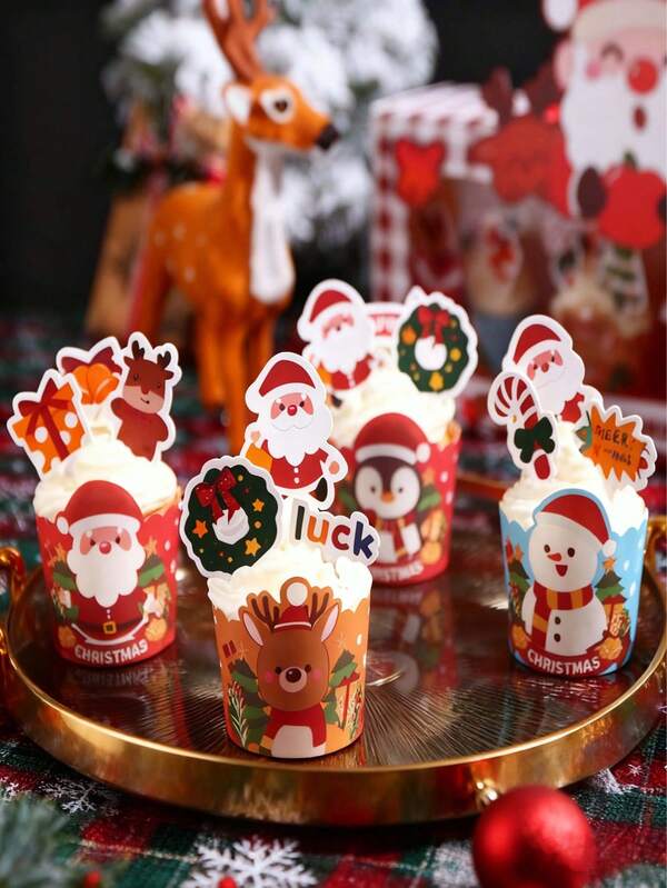 10/50Pcs/Set Santa Claus Elk Snowman Penguin Christmas Cupcake Wrapper Paper Printing Christmas Cupcake Cups Christmas Cake Decorations,New Christmas Cupcake Packaging Box, Muffin Cup, Cartoon Christmas Cupcake Decorative Inserts,Christmas Designs - Perfect For Holiday Baking And Parties.