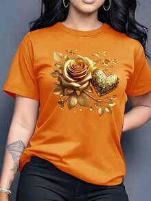 Camiseta Casual Mujer Estilo Suelto Flor Rosa Corazón Dorado 3D Estampado Gráfico Cuello Redondo Manga Corta Primavera Verano Diario Playera - Naranja - Ver 3
