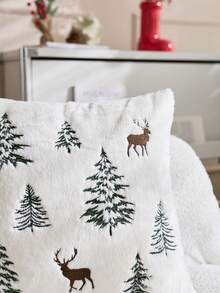 1 pieza Funda de almohada decorativa bordada con reno y árbol de Navidad, adecuada para decoración interior, funda de almohada navideña, sin incluir el relleno de la almohada