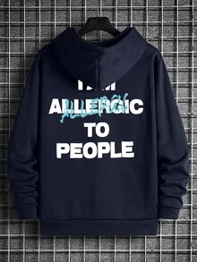 Zrgoth 男士休闲标语印花宽松袋鼠口袋连帽衫，秋冬款 - 藏蓝色 - 查看 4