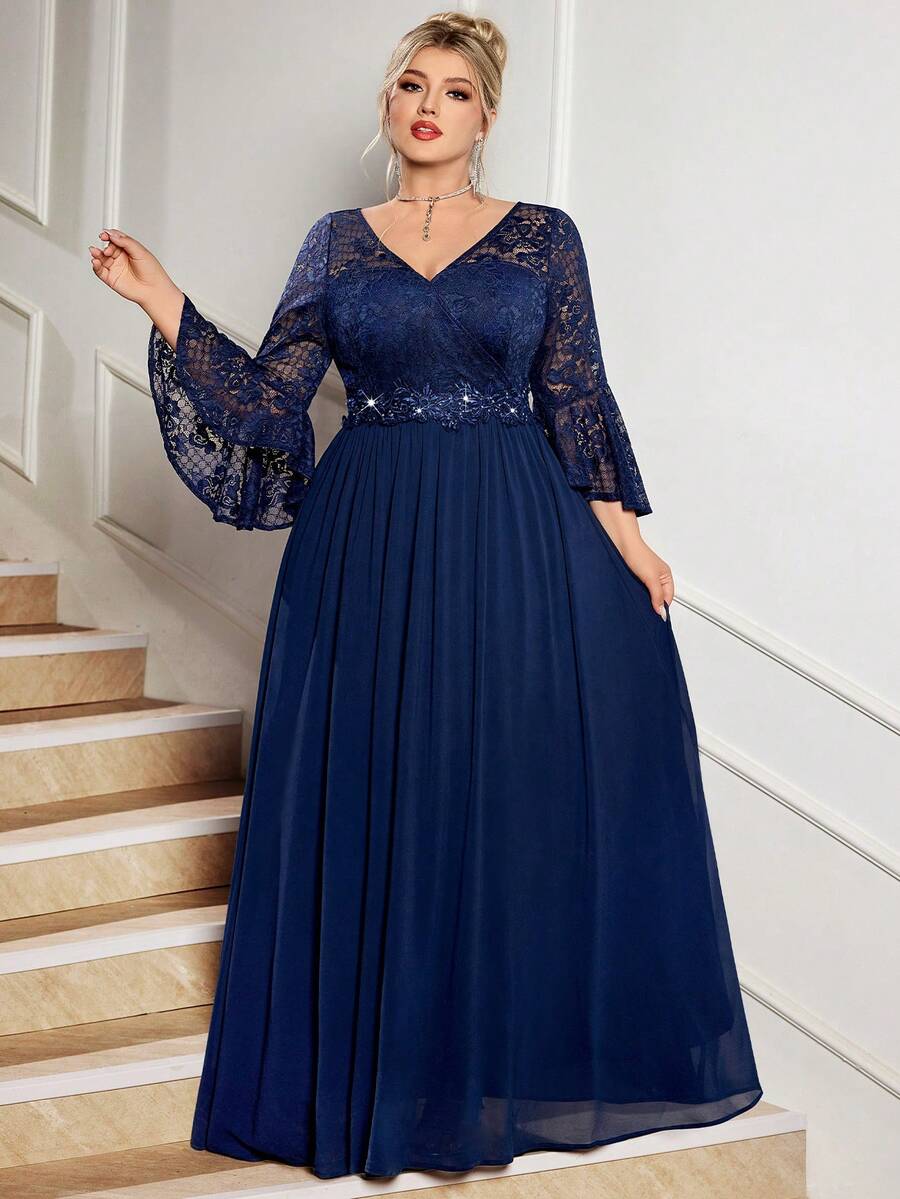 Đầm maxi dự tiệc trang trọng, cổ chữ V, tay bồng, ren hoa và đính sequin ở eo, chất liệu chiffon tương phản, thanh lịch cho dạ hội, đám cưới, sinh nhật, lễ tốt nghiệp, kỳ nghỉ xuân.