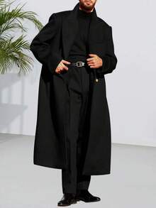 Mens Wool Blend Pea Coat Notched Collar Double Breasted Long Jacket Trench Coats Classic Winter Overcoat - 黑色 - 查看 1