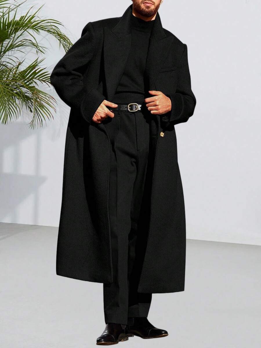 Mens Wool Blend Pea Coat Notched Collar Double Breasted Long Jacket Trench Coats Classic Winter Overcoat - 黑色 - 查看 1