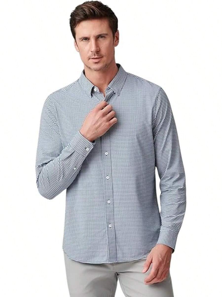 Men's Commuter Shirt, Performance Dress Shirts For Men, Machine Washable, Wrinkle Resistant, Slim Fit Button Down Shirthalloween - Navy Check - View 1