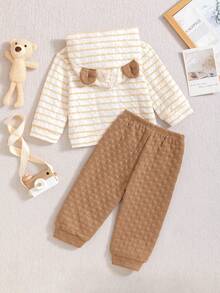 مجموعة بنطلون وهوديي بنقشة الدب الصغير والخطوط الطويلة للأولاد، قطعتان، ملابس يومية عادية للأولاد الصغار