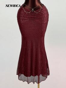 Spódnica damska z błyszczącej dzianiny, elegancka, na imprezę walentynkową - Burgund - Zobacz 5