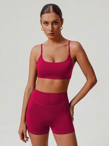 Sodalemon Women 2Pcs Fitness Sets Backless Padded Sport Bra No Front Seam Outdoor Cycling Shorts Elastic Gym Training Sport Set - 紅色 - 查看 3