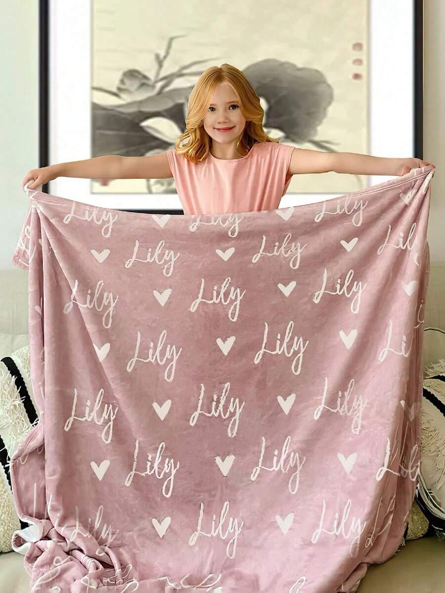 1pc Custom Pink Bow Personalized Name Kids Blanket, Watercolor Bow Pattern Feature, Soft Flannel Material, Ideal For Girls' Room Decor, Gift For Girl, Birthday Gift, Boho Nursery - Multicolor - View 1