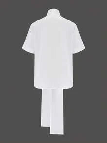 Blusa casual da donna a maniche corte, in tessuto lavorato a tinta unita, con laccio e bottoni davanti, adatta per l'ufficio e l'uso quotidiano, colore bianco estivo - Bianco - Visualizzare 2