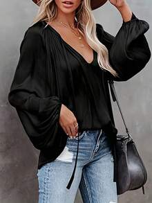 Elegant Women's Shirt, Loose V-Neck Faux Silk Satin Shirt, Balloon Sleeves And Ruched - 黑色 - 查看 4