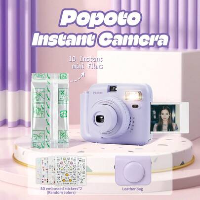  Popoto 拍立得相机，兼容 Mini 11/12 胶卷，包含 10 卷 Mini 拍立得胶卷，5 种可选模式，30 秒显影时间，中央取景器，理想的圣诞礼物（不含电池）