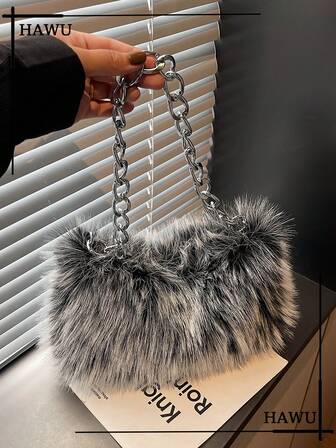 Solid Fuzz Soft Candy Color Chain Satchel Bag, Y2K Style Women Shoulder Bags, Cute Charm Clutch, Holiday Party Dress, Random Pattern Fur Purse, Halloween Purse Perfect For Fancy Party Halloween Fashion & Gothic Fashion