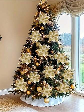36pcs/12 Sets Of Sparkling Christmas Flowers, With Clips And Flower Stems, Easy-To-Install Wall Decorations, Suitable For Trees, Home Decor, Weddings, Festive Decorations, Holiday Tree Ornaments, Festive Floral Arrangements, Wall Flowers, Christmas, Christmas Tree Ornaments, Handcrafted Flower Accessories, Hotels, Shop Windows, And Other Holiday Items.