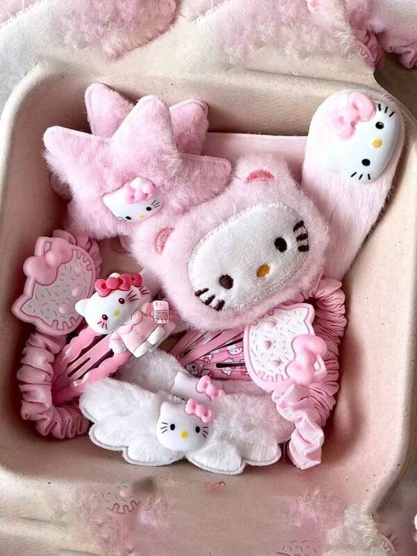 Sanrio 15 قطعة مجموعة مشابك شعر كيوت وردية اللون بشكل بطة هالو كيتي، إكسسوارات شعر للأطفال والبنات بشكل قطة كي تي، مشابك جانبية