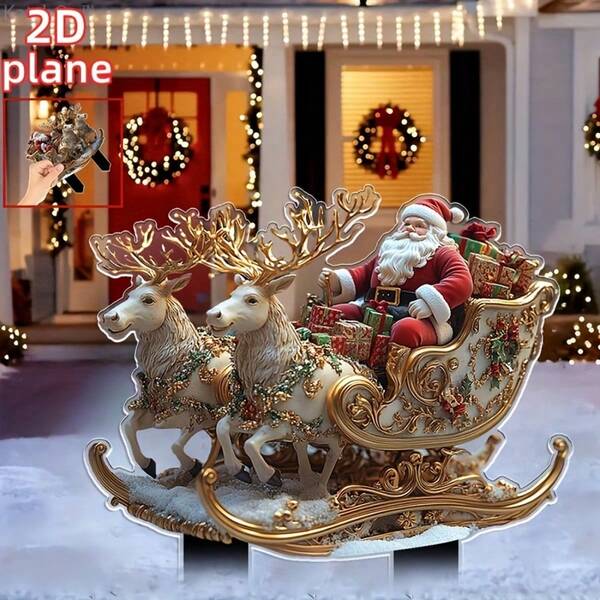 Decoração de jardim de Natal estilo vintage 2D plana, 1 peça - Trenó de Papai Noel e renas com detalhes dourados, decoração de plástico colorida para áreas externas para quintal, gramado ou presente (não precisa de pilhas), exibição de quintal, motivo de trenó e rena, detalhes complexos, exibição festiva de quintal, ornamento resistente às intempéries, decoradores de casa, 2D plana