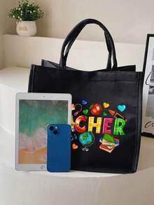 亚麻手提包和亚麻零钱包，配有手提绳，印有创意简约的“教师”图案，多功能便携教师手提包，大容量手提包，便携休闲收纳手提包，女士亚麻耐用透气手提包，方形购物袋，小物件收纳化妆包，教师节礼物，适合通勤、旅行、日常使用。 - 彩色 - 查看 5