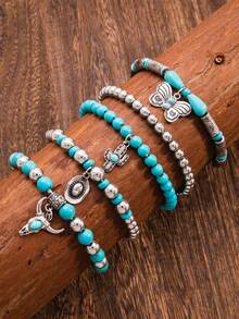 5pcs Bohemian Elastic Handmade Beaded Bracelet Set, Classic Cactus, Cowboy Hat, Butterfly, Bull Head Pendant Fashion Bracelets, Perfect Gift For Party, Festival, Music Event, Unisex